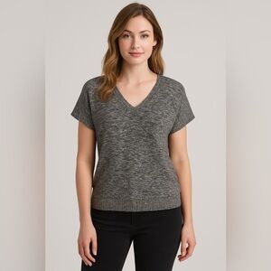 Croft&Barrow V-Neck Short Sleeve Tunic Sweater Marled Knit Navy Cotton Blend XL